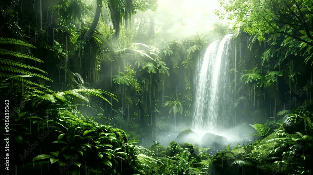 Enchanting waterfall in a misty temperate rainforest, surrounded by ferns and moss-covered trees. Fantasy landscape, looping 4k video animation background