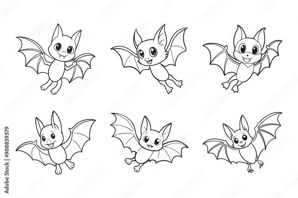 Vetor de Set of cute funny bat characters for coloring. Bat collection ...