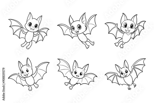Set of cute funny bat characters for coloring. Bat collection, sketch, outline drawing for coloring book