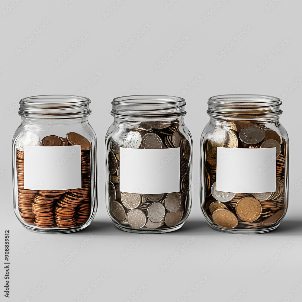 Jars full of coins money with blank label mockup. Financial literation Jars full of coins money with blank label mockup. Financial literation