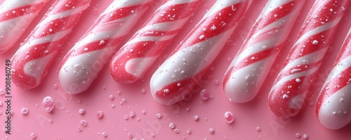 Colorful candy canes in red and white stripes resting on a pink surface, perfect for festive and holiday-themed designs.