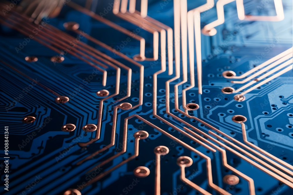 Close-up View of Blue Printed Circuit Board with Intricate White Traces and Copper Via Holes Close-up View of Blue Printed Circuit Board with Intricate White Traces and Copper Via Holes