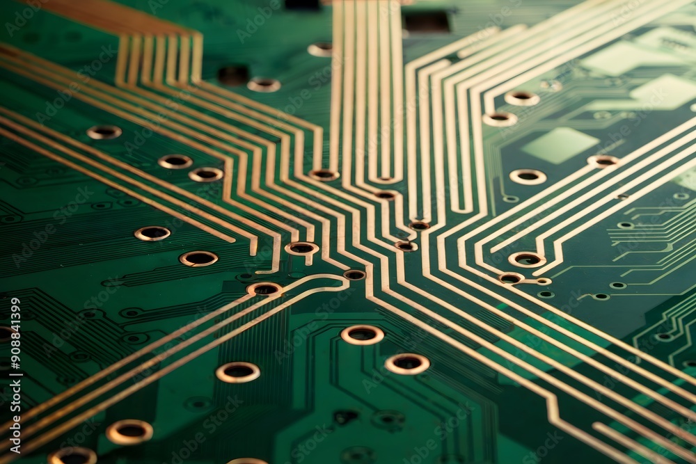 Close-up View of Green Printed Circuit Board with Copper Traces and Via Holes Close-up View of Green Printed Circuit Board with Copper Traces and Via Holes