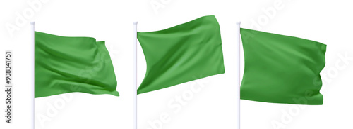 Set of Green waving flag on flagpole. Realistic 3d design flag flies on the wind on isolated white background. vector illustration
