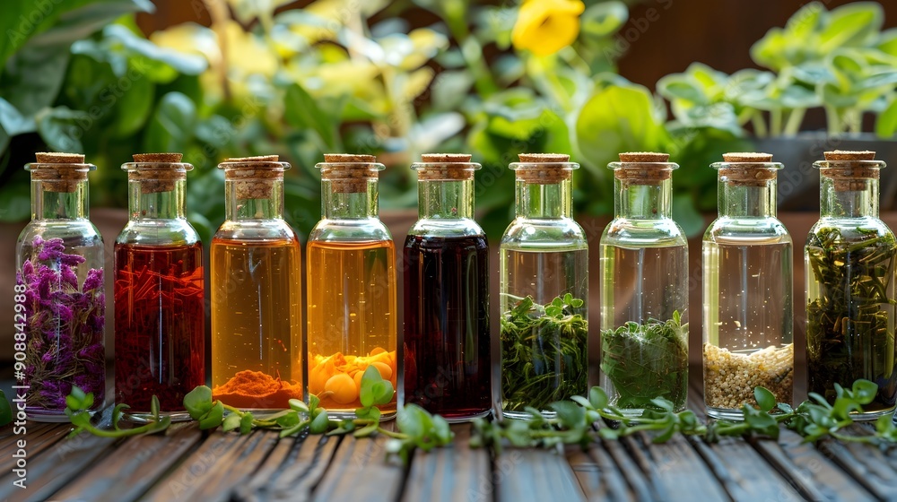 Realism of Concentrated Vegetable Extracts Displayed in Glass Bottles Realism of Concentrated Vegetable Extracts Displayed in Glass Bottles