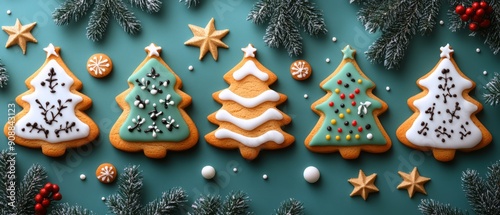 Colorful decorated Christmas cookies shaped like trees, stars, and ornaments on a teal background celebrating the festive season.
