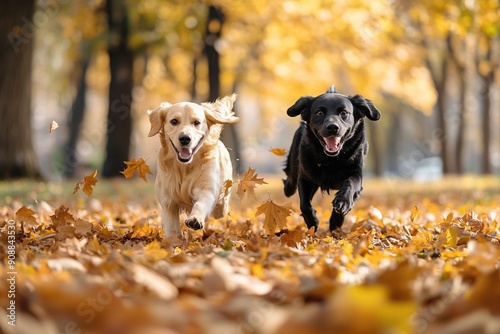 Two happy dogs running over fallen autumn leaves in the park