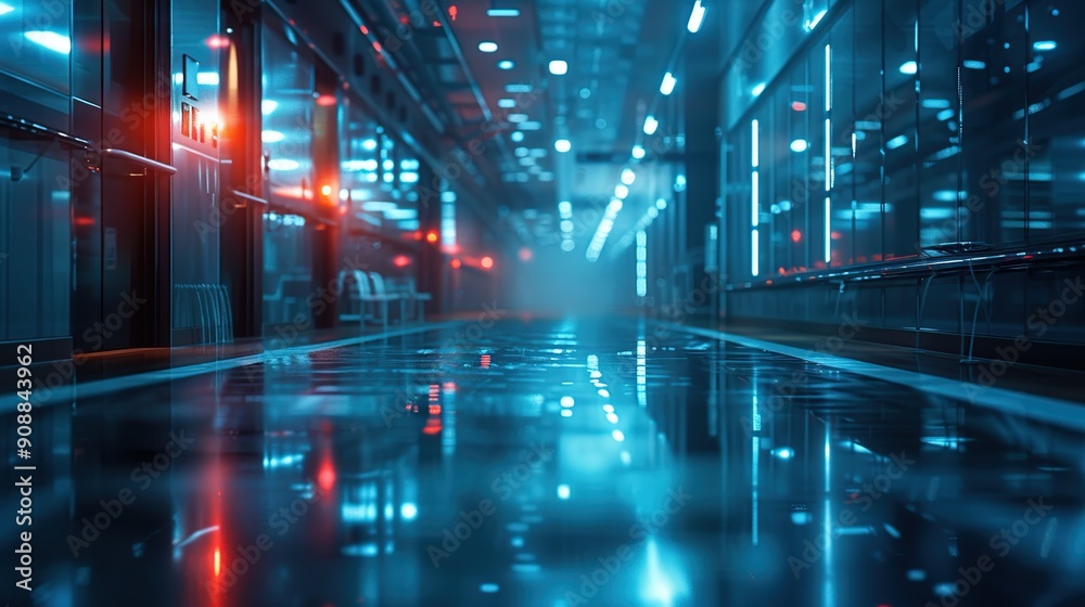 Blue and Red Neon Lights Reflecting on Wet Floor Blue and Red Neon Lights Reflecting on Wet Floor