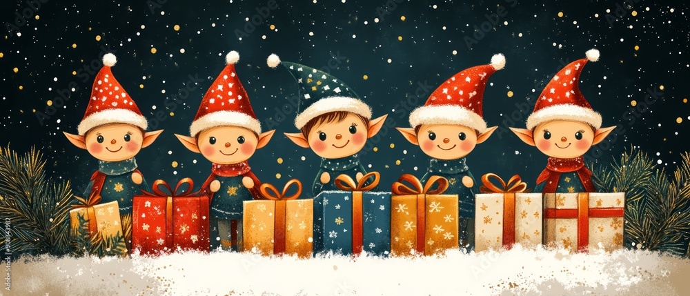 Naklejka premium Colorful of cheerful elves with gifts in a snowy night scene. Perfect for holiday and Christmas-themed projects.