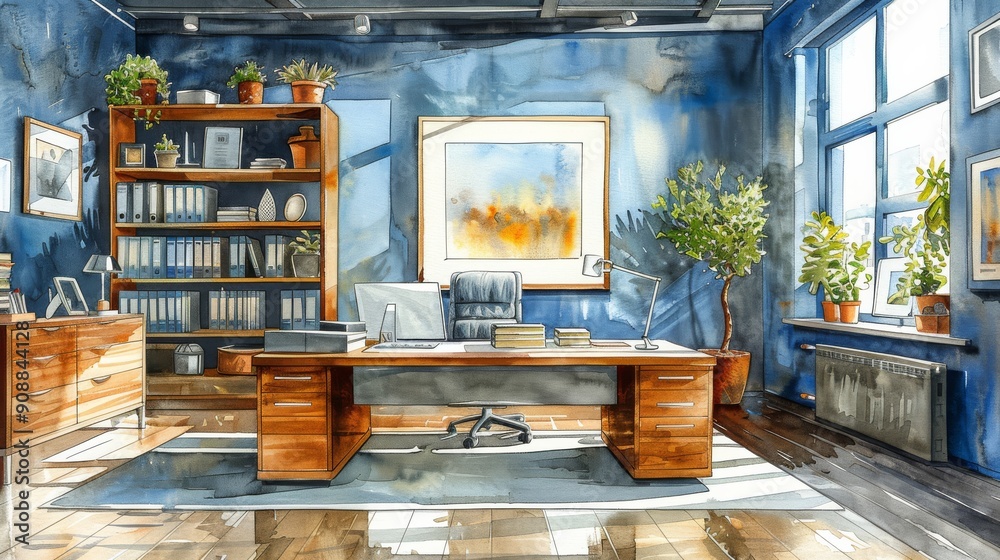 Fototapeta premium Stylish office interior with a wooden desk, vibrant plants, and modern artwork, creating a serene and productive workspace.