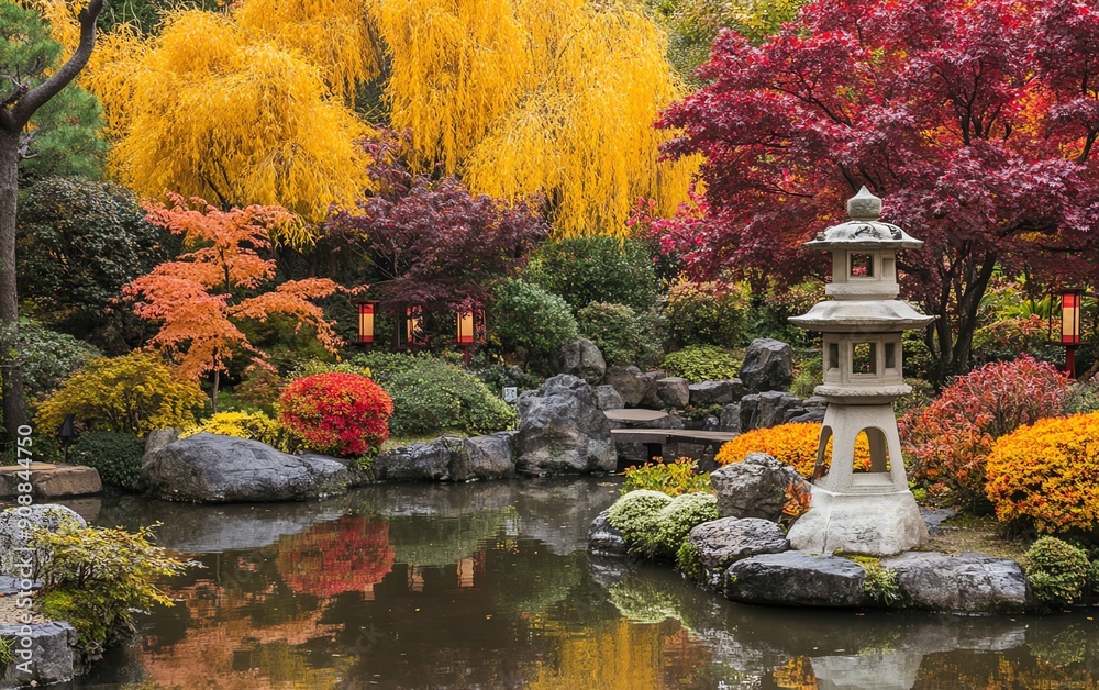 Tranquil Japanese garden with autumn foliage, a pond, and a stone lantern. Tranquil Japanese garden with autumn foliage, a pond, and a stone lantern.