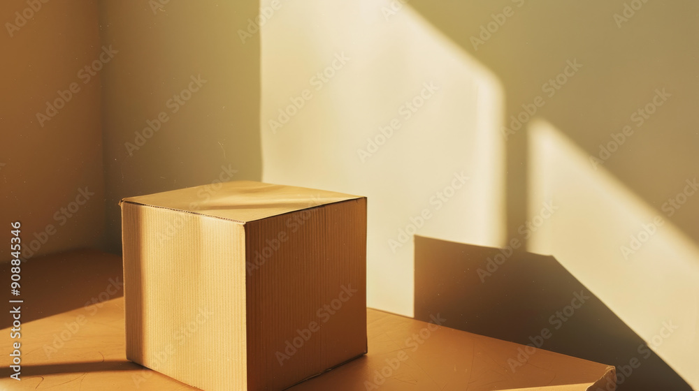 A warmly lit cardboard box casts shadows as sunlight streams through a window, creating a serene and minimalistic composition. A warmly lit cardboard box casts shadows as sunlight streams through a window, creating a serene and minimalistic composition.