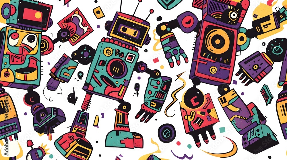 Funky Abstract Robots in a Rhythmic Dance Off for Sticker Design Funky Abstract Robots in a Rhythmic Dance Off for Sticker Design