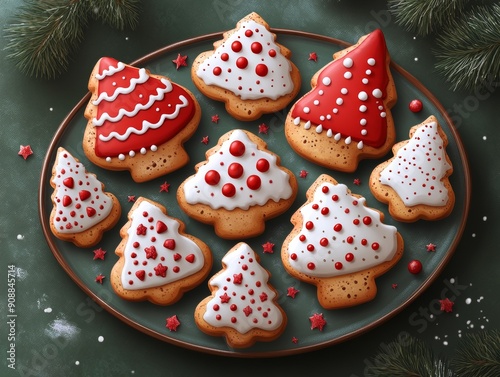 Deliciously decorated Christmas tree cookies with festive red and white icing, perfect for holiday celebrations and desserts.