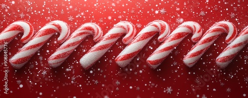 Delicious candy canes arranged on a festive red background, perfect for holiday decorations and seasonal celebrations.