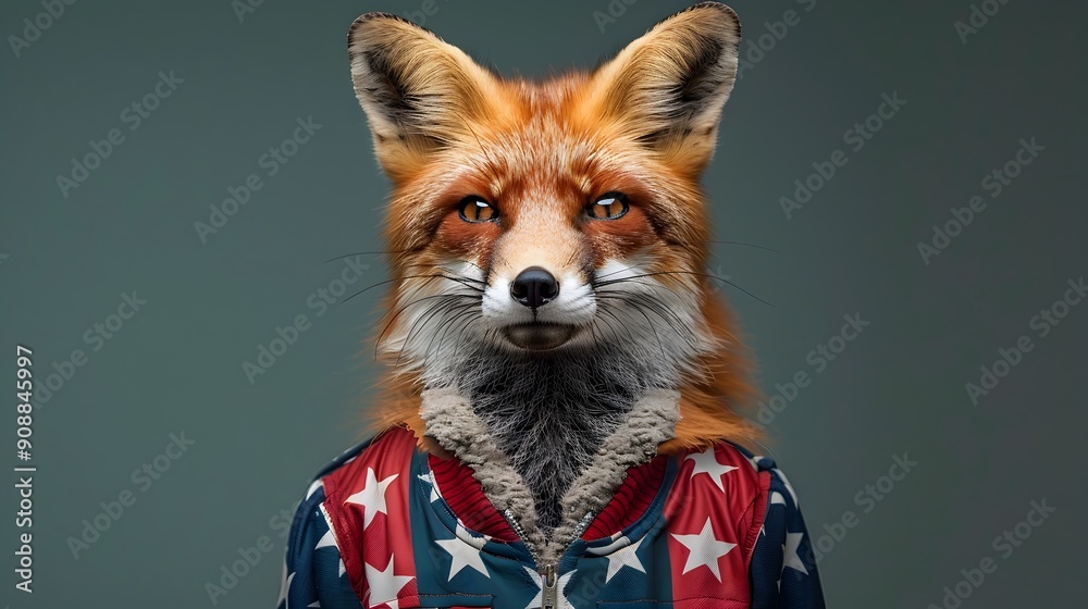 Playful Fox in American Stars Jacket on Minimalist Backdrop Playful Fox in American Stars Jacket on Minimalist Backdrop