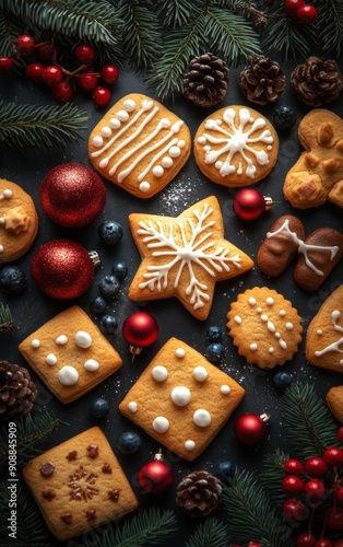 Delicious festive cookies arranged with holiday decorations, perfect for celebrating winter festivities and seasonal gatherings.