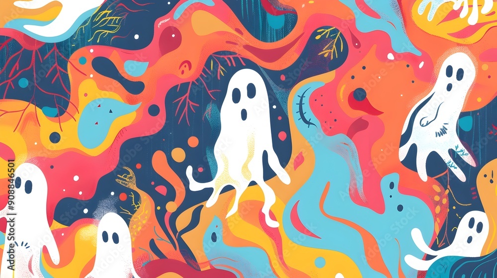 Playful Abstract Ghosts in Whimsical Adventure for Sticker Design or Apparel