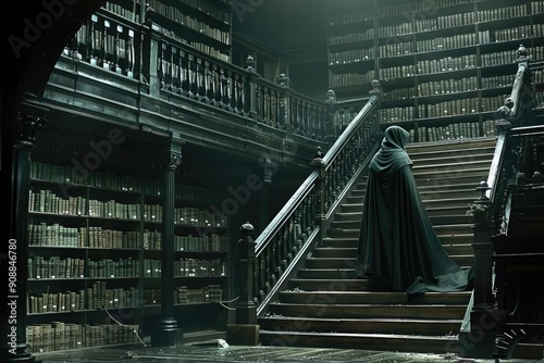 A man in a cape stands on stairs inside a library full of books