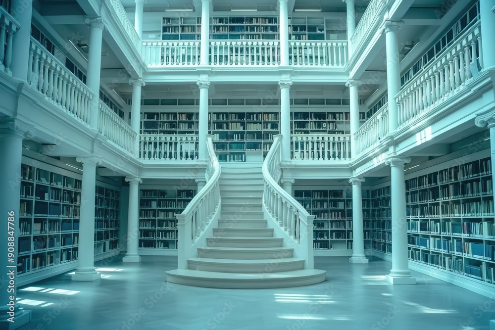 There is a library that features stairs ascending to the second floor There is a library that features stairs ascending to the second floor