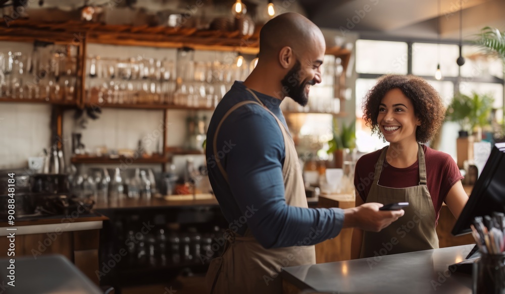 A customer at a cafe or restaurant completes a seamless transaction, using a credit card to pay at the cashier, showcasing the convenience of digital payment in the dining experience.Generated image A customer at a cafe or restaurant completes a seamless transaction, using a credit card to pay at the cashier, showcasing the convenience of digital payment in the dining experience.Generated image