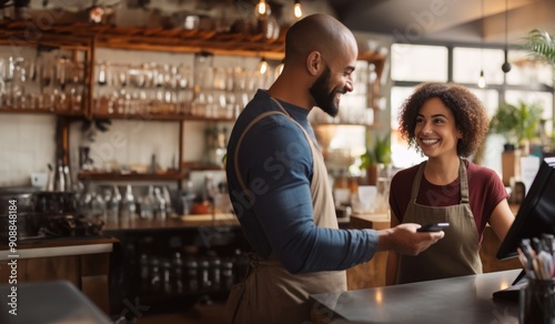 A customer at a cafe or restaurant completes a seamless transaction, using a credit card to pay at the cashier, showcasing the convenience of digital payment in the dining experience.Generated image