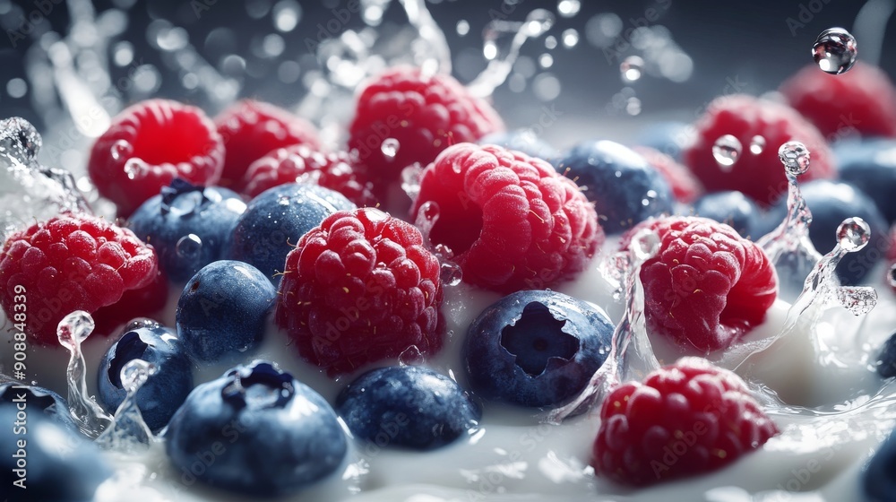Raspberries and Blueberries Splashed in Milk Raspberries and Blueberries Splashed in Milk