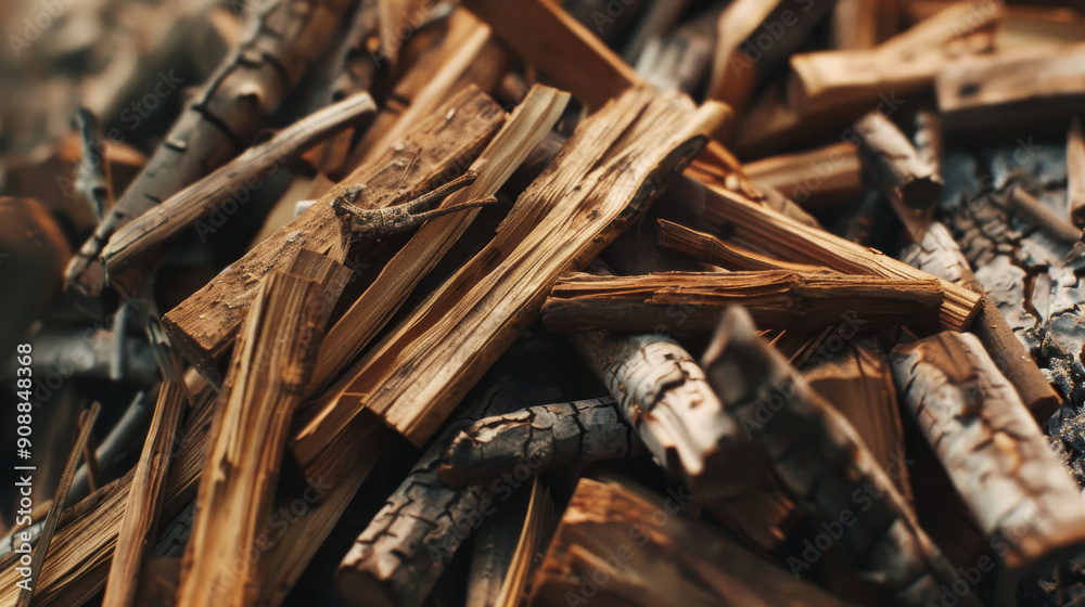 Fototapeta premium A close-up shot of chopped firewood pieces, showcasing the intricate textures of bark and wood under warm light.