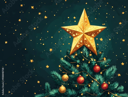 Festive Christmas tree topped with a golden star, adorned with vibrant ornaments and glowing lights on a starry background.