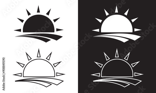 Sunrise icon set. Morning sunshine icon in sea sunset vector sign. Isolated on white and black background. EPS 10