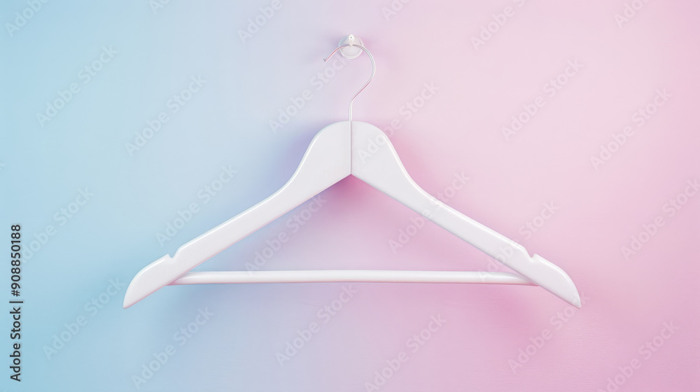 A white hanger is centered against a pastel gradient background transitioning from blue to pink, creating a minimalist and serene aesthetic.