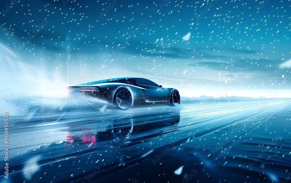 Car on the background of ice, motion blur effect. High speed car in futuristic style. Conceptual banner for automobile sales or s advertising with copy space. Car on the background of ice, motion blur effect. High speed car in futuristic style. Conceptual banner for automobile sales or s advertising with copy space.