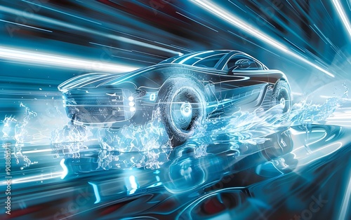 A car in motion with an abstract background of water and ice, representing the concept of electric vehicles or road safety. The transparent design symbolizes air toys for cars, with reflections.