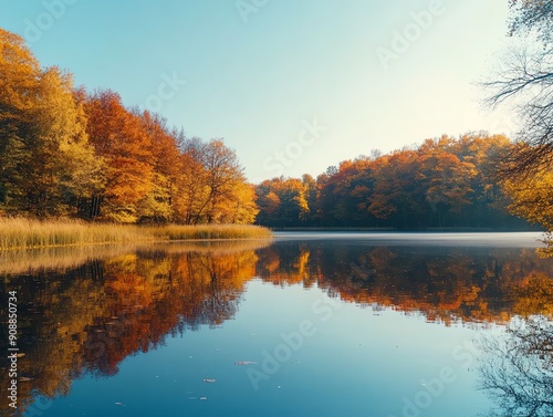 Serene autumn landscape with colorful trees reflecting in a tranquil lake.