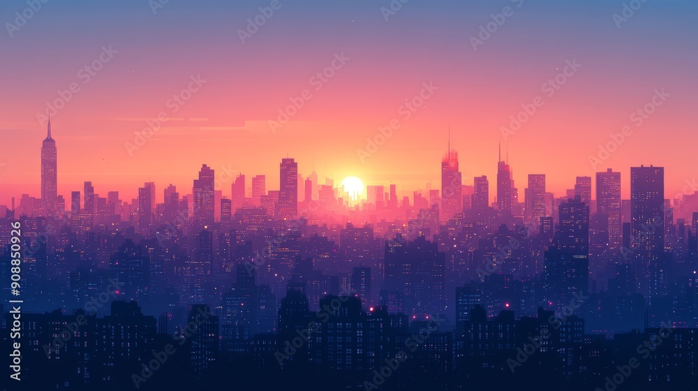 Fototapeta premium Cityscape Silhouette with Pink Sunset and Blurry Sun