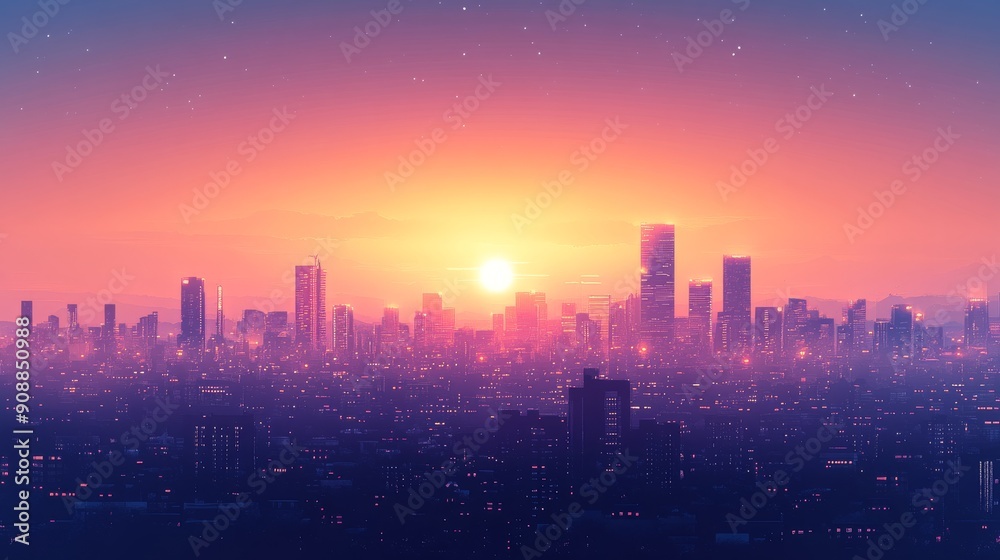 Cityscape Silhouette with Sunset and Stars Cityscape Silhouette with Sunset and Stars