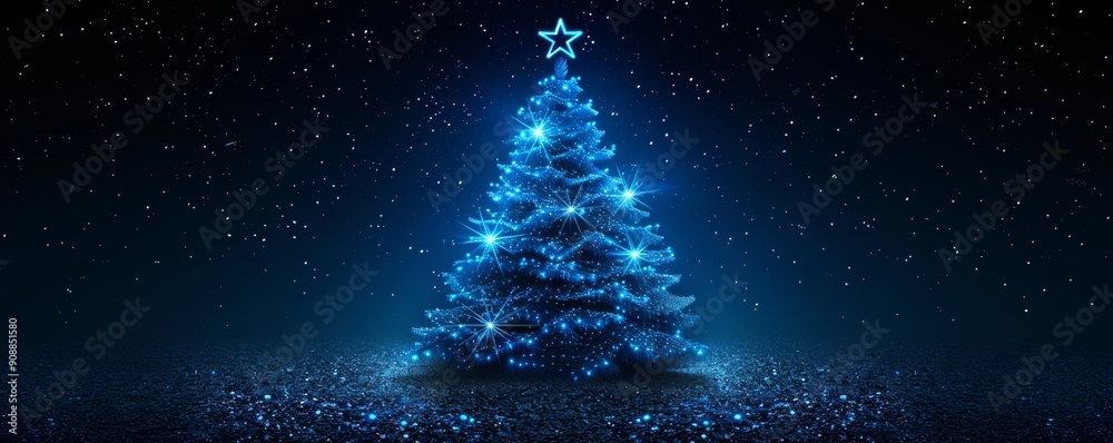 Christmas tree made of glowing blue stars in a nighttime winter wonderland Christmas tree made of glowing blue stars in a nighttime winter wonderland