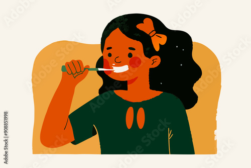 Young Girl Brushing Teeth with Delight - Daily Dental Hygiene Illustration
