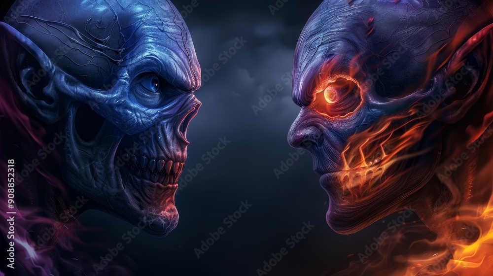 Fototapeta premium Epic confrontation between two menacing skulls, one engulfed in blue flame and the other in fiery red, set against a dark ominous background.