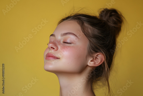 A close up of a girl's face with her eyes closed