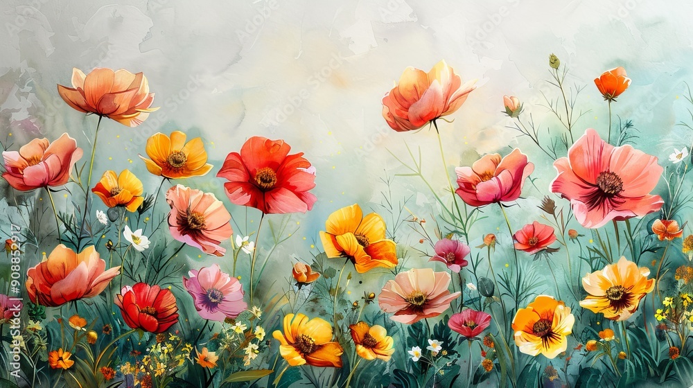 Vibrant and colorful flowers bloom in a serene landscape, creating a beautiful and uplifting natural scene. Vibrant and colorful flowers bloom in a serene landscape, creating a beautiful and uplifting natural scene.