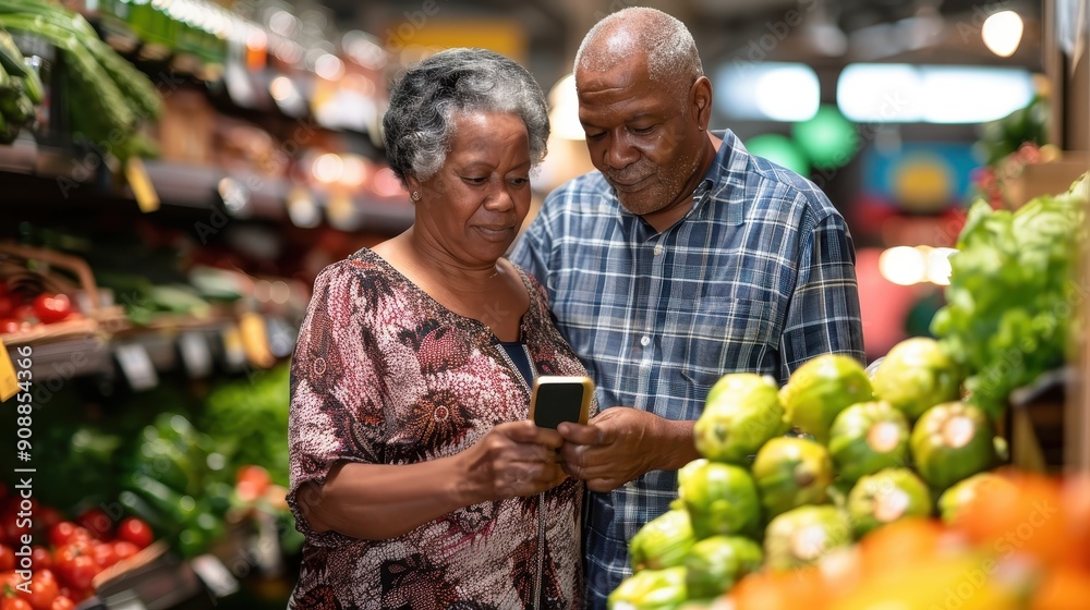 A senior couple examines their grocery list on a phone while shopping in a vibrant market A senior couple examines their grocery list on a phone while shopping in a vibrant market