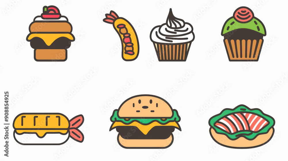 A simple vector icon set of random food in line style with isolated on white