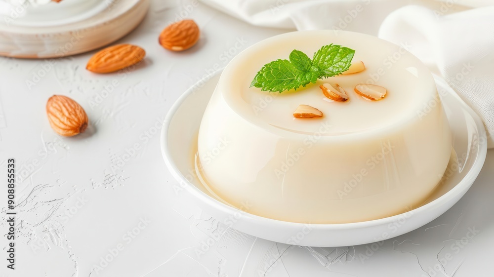Elegant almond pudding, stylish presentation, flat design illustration Elegant almond pudding, stylish presentation, flat design illustration