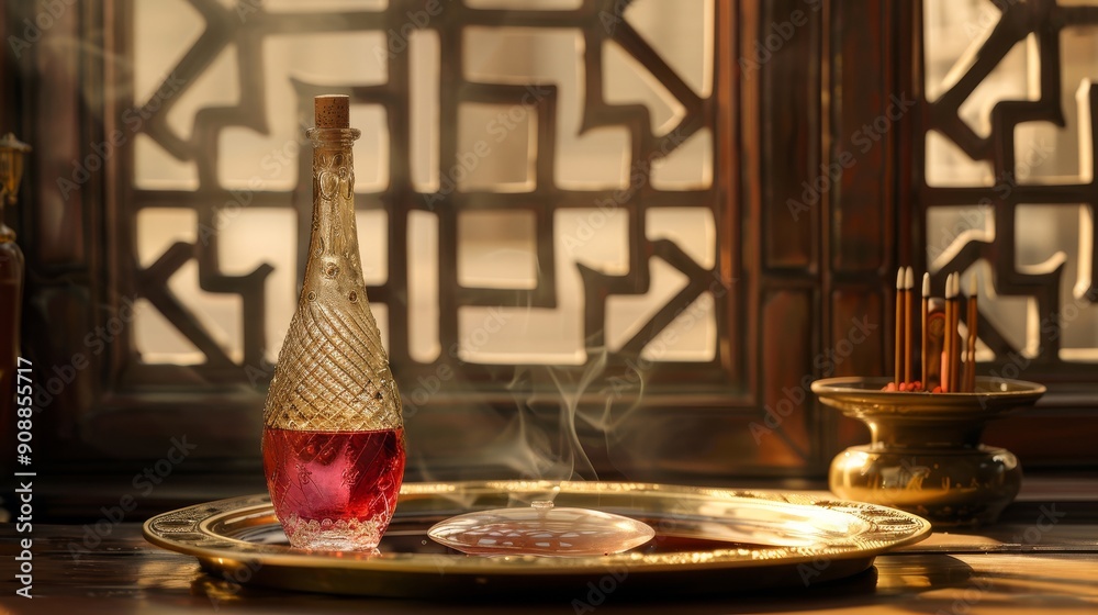 A red glass bottle of white wine, placed on a golden tray, under the tray is water, next to a classical Chinese incense burner, the background is a classical Chinese wooden window, gold and red tone, 
