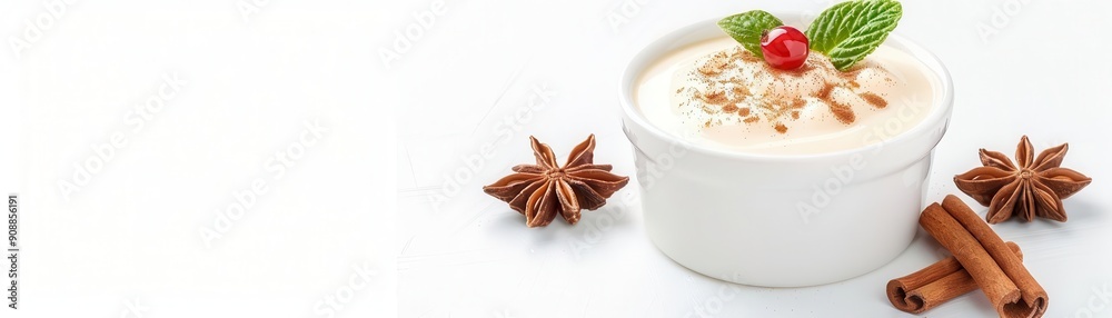 Stylish cinnamon pudding, gourmet garnishing, flat design illustration