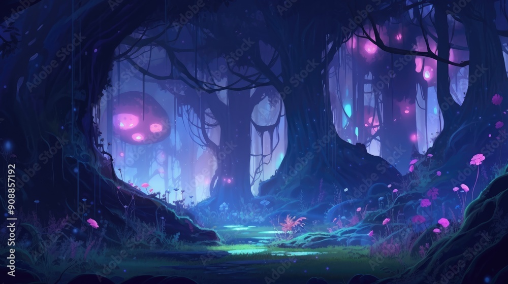 Obraz premium Mystical anime forest with glowing plants and ethereal lights