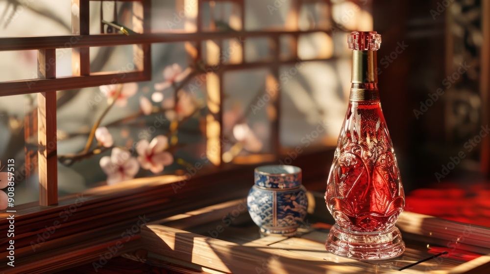 A red glass bottle of white wine, placed on a wood tray, Many pink flowers A red glass bottle of white wine, placed on a wood tray, Many pink flowers