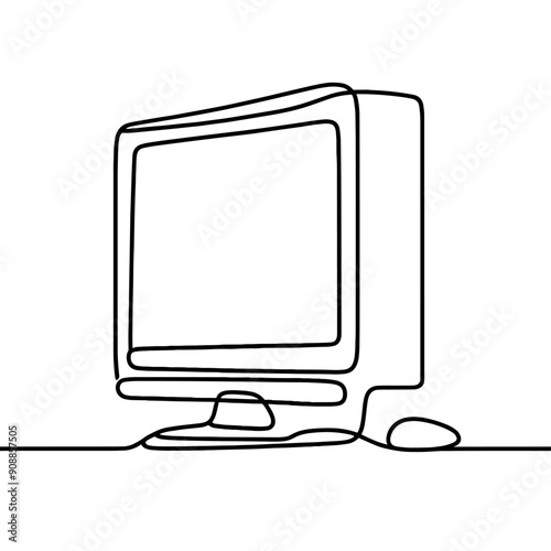 Minimalist continuous line drawing of a traditional computer monitor and mouse