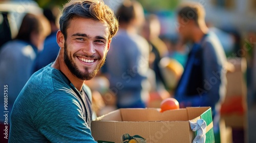 Youngsmiling man volunteer holding donations box with a happy and cool smile on face. lucky person. . High quality photo photo